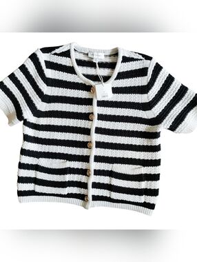 Free Assembly Stripe Knit Short Sleeve Cardigan Sweater With Pockets Preppy NWT